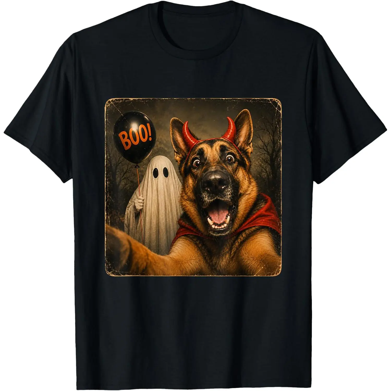 Men's Round Neck German Shepherd Halloween Ghost Selfie Boo Dog Meme T-Shirt, Menswear Casual Clothes