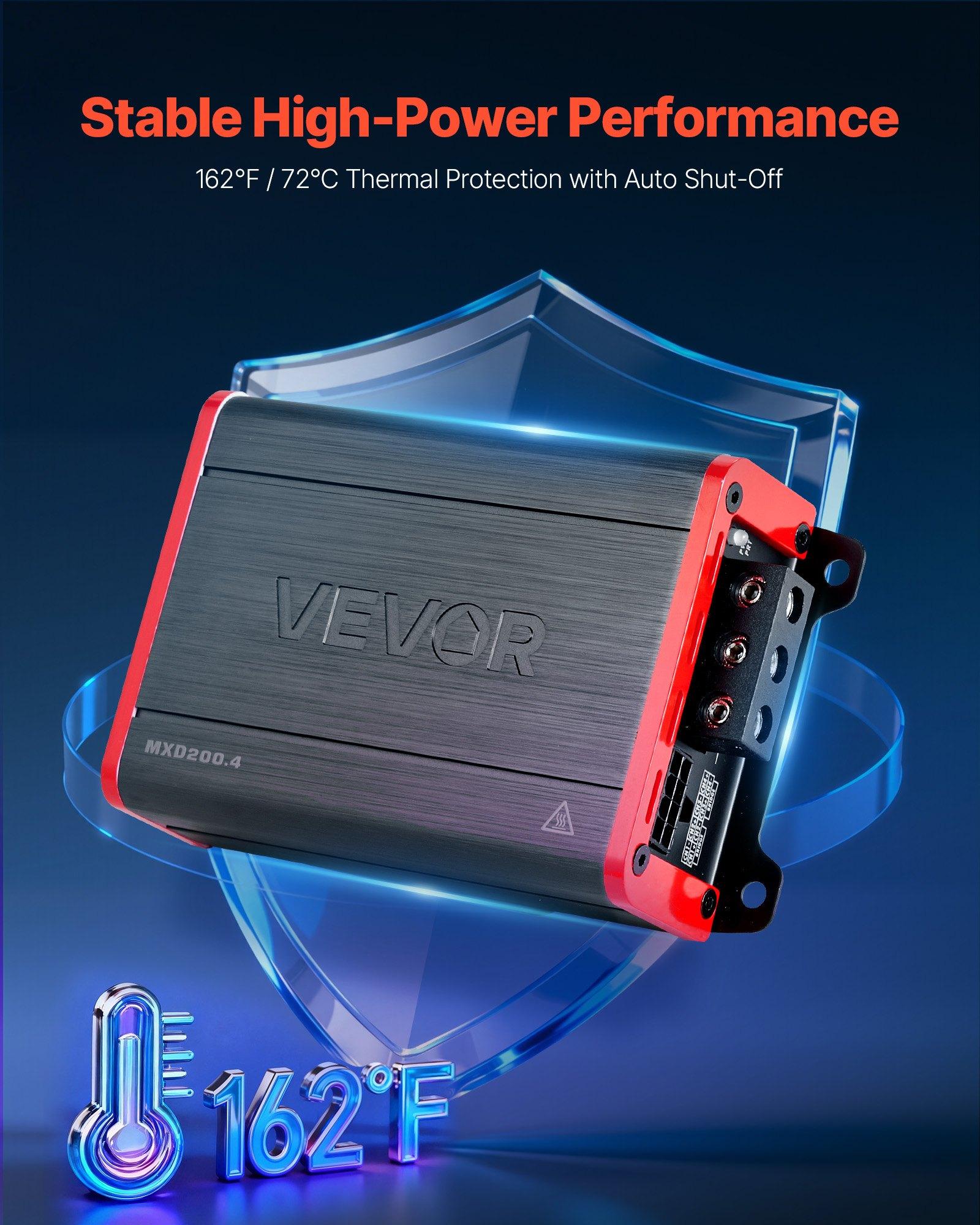VEVOR 4 Channel Car Audio Amplifier 2 Ohm Stable Bridgeable Class D Full Range Amp Max Power 4 x 120W @ 4 Ohm / 4 x 200W @ 2 Ohm for Car SUV Truck Off-Road