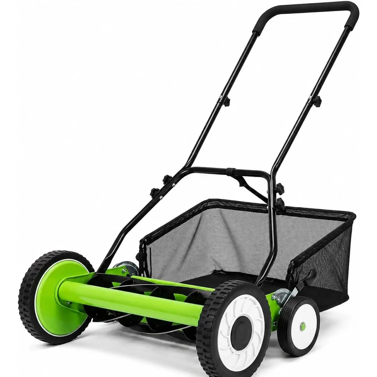 18 Inch Push Reel Lawn Mower, 4-Wheel Manual Grass Cutter with Carbon Steel Frame, 5-Blade Reel System, Adjustable Height for Yard Garden Lawn Care, Green