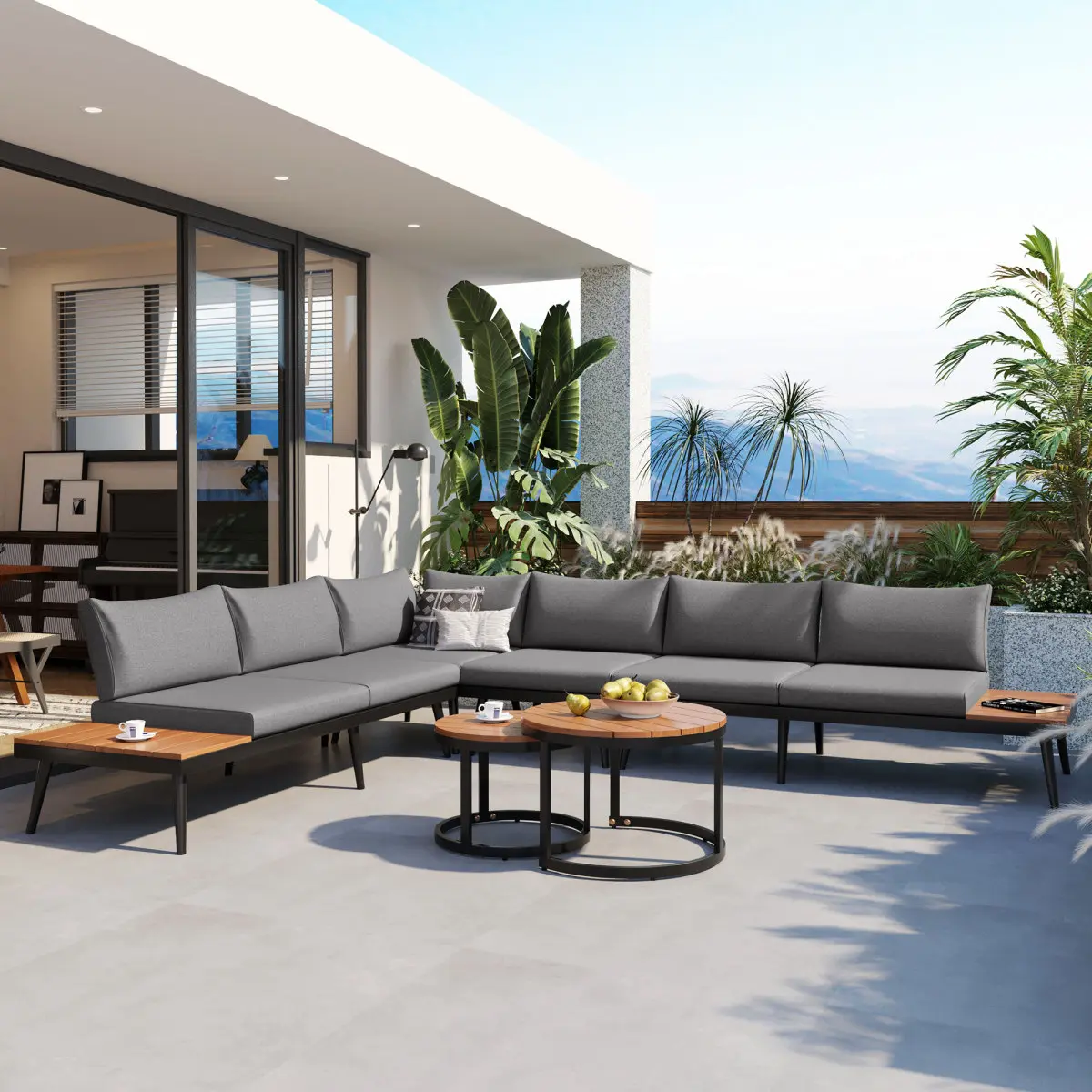 AobtkelTREXM 6-Piece Sturdy Stable Rustic Modern Armless Outdoor Sectional Sofa Set, 6-Seat with Striped Top Round Nesting Acacia Wood Coffee Tables, Weather Resistant Cushions for Patio, Poolside (Grey) WL RR, Six Seats