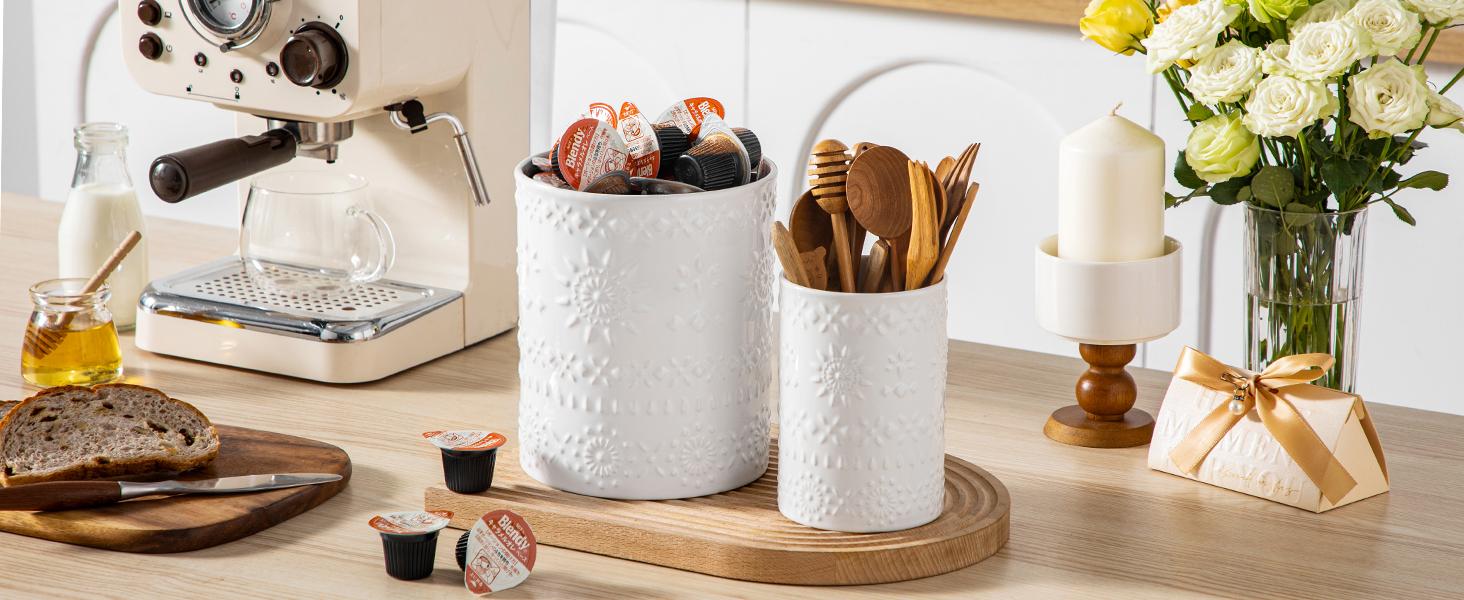 Utensil Holder, 7.2"+5.4" Ceramic Utensil Holder for Countertop, Large Cooking Utensil Crocks for Kitchen Counter, Farmhouse Utensil Vase for Housewarming, Kitchen Decor, Set of 2, Snow