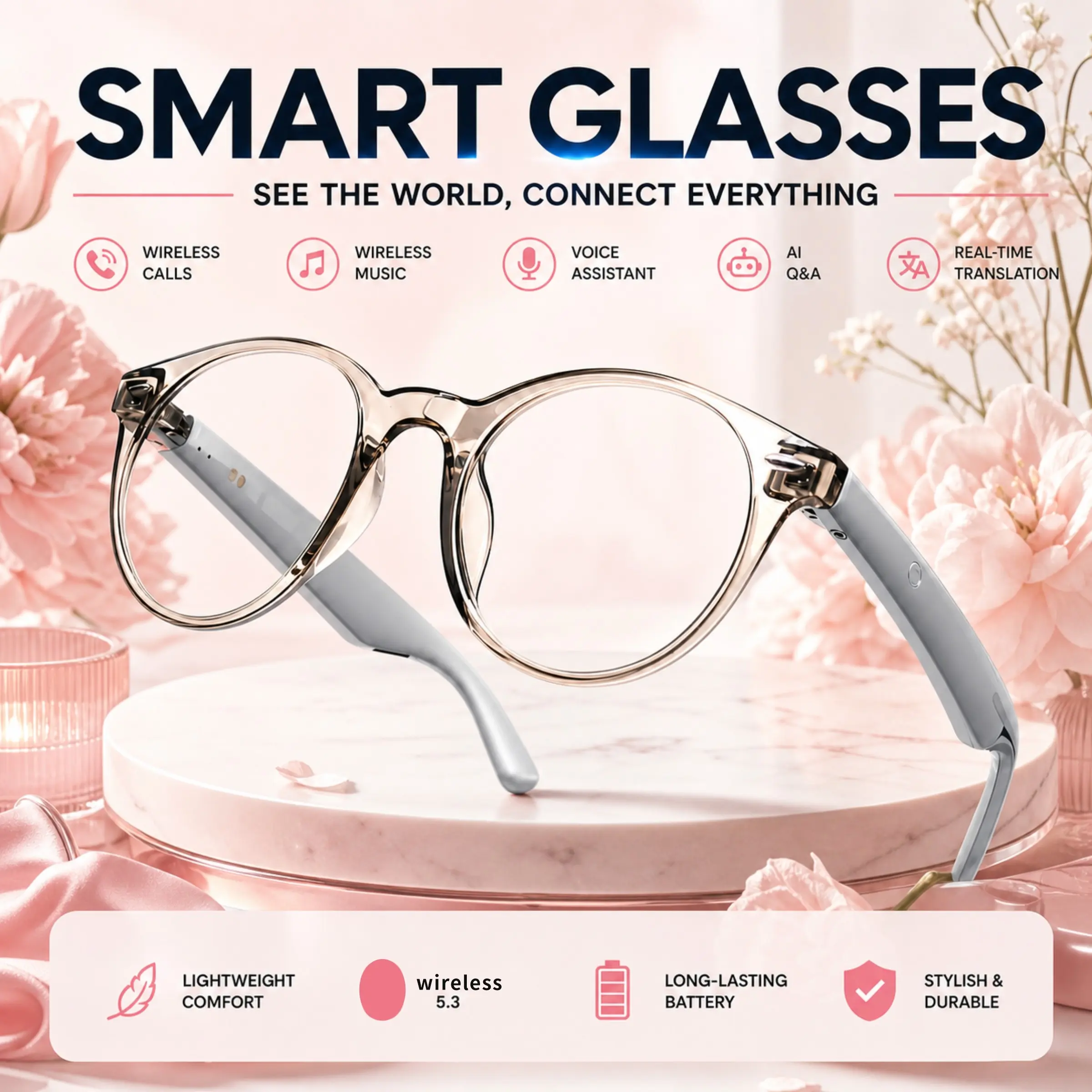 2026 intelligent boot translation glasses, Multifunctional smart glasses, translates multiple languages, supports music and calls, suitable for indoor and driving, women's models, voice assistants, holiday gifts