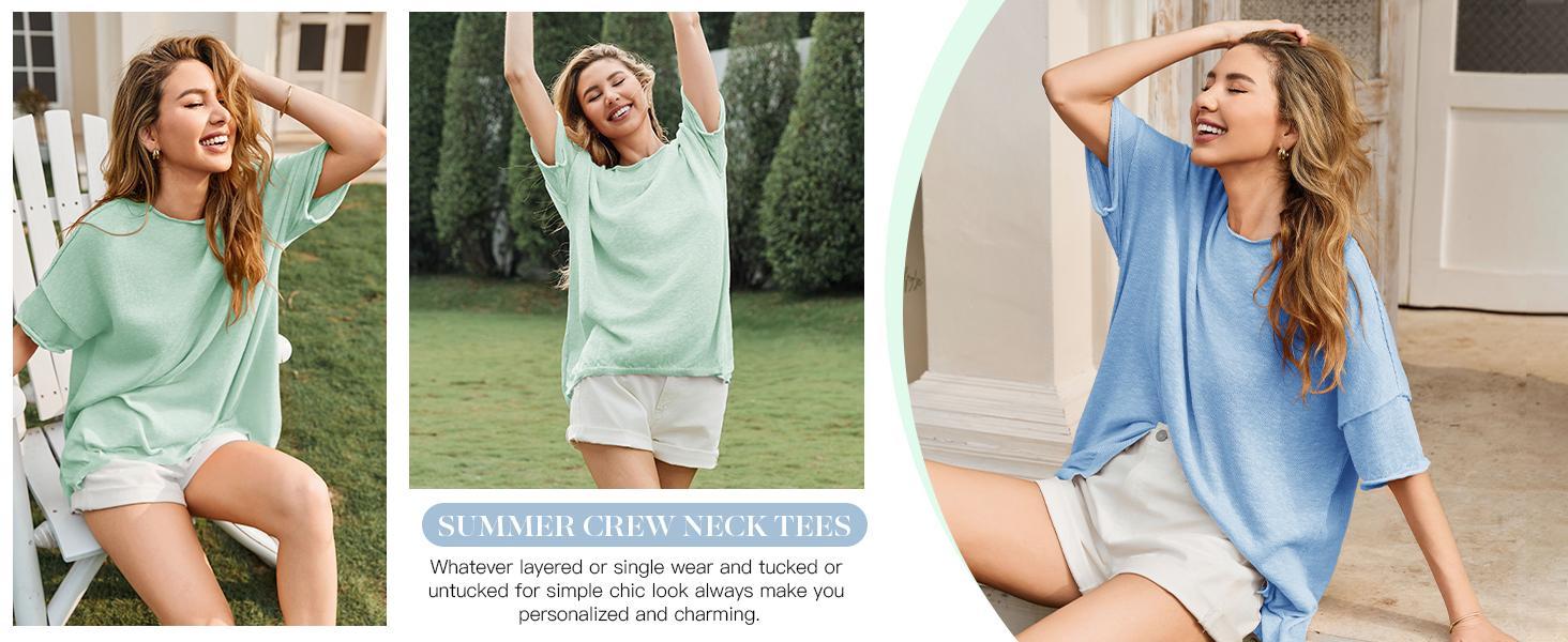 【NEW】Imily Bela Women's Oversized T Shirts Casual Summer Crew Neck Loose Dropped Short Sleeve Side Slit Hem Blouse Tunic Tops Comfort