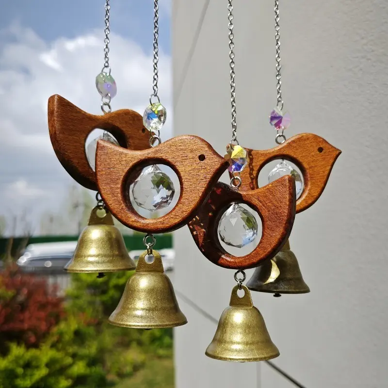 Vintage Wooden Bird Wind Chime with Crystal Prism and Metal Bells, Hanging Light Catcher for Garden Courtyard Window Decor, Indoor Outdoor Ornament
