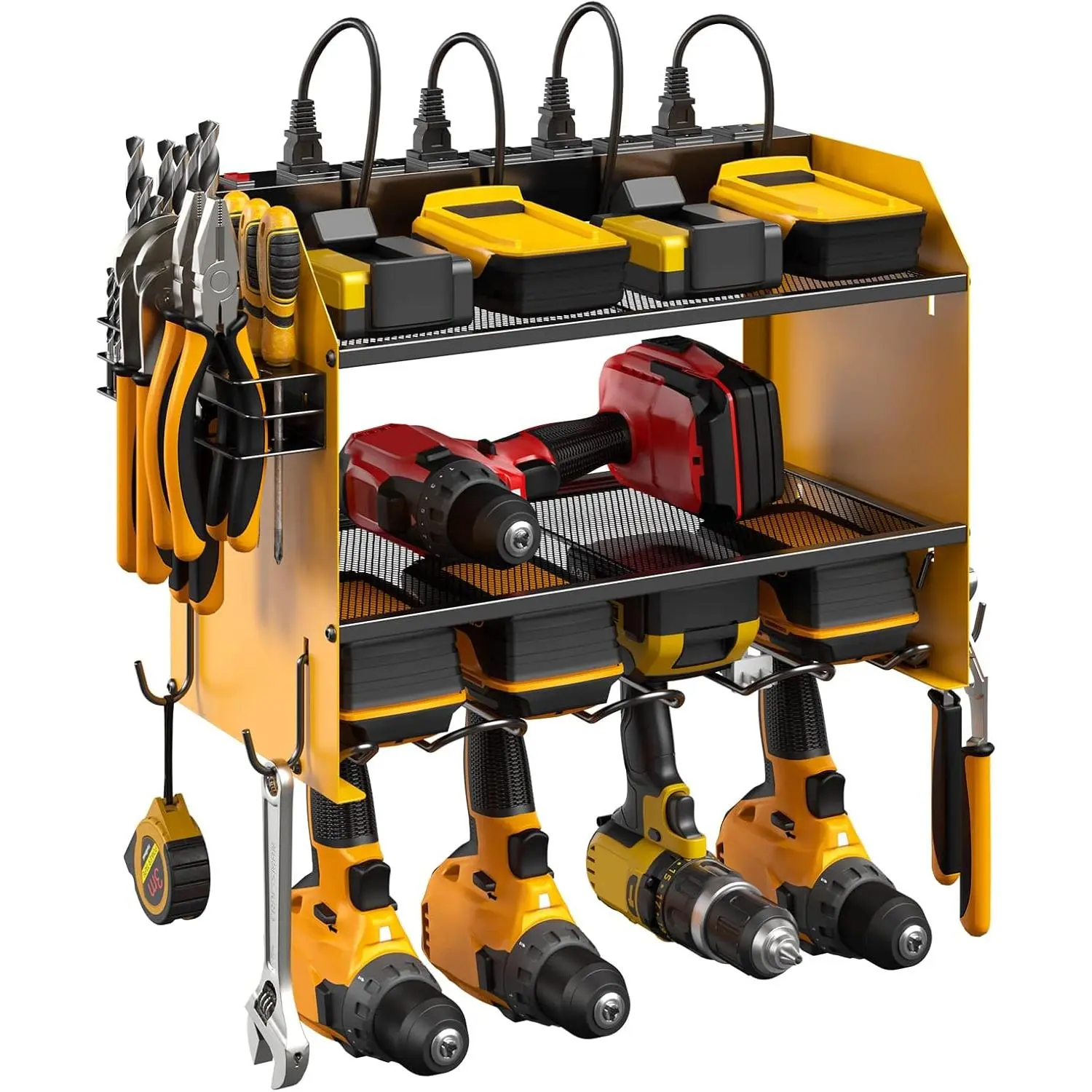 Modular Power Tool Organizer Wall Mount with Charging Station. Garage Drill Storage Shelf with Hooks, Heavy Duty Rack, Tool Battery Holder Built in 8 Outlet. Gift  Men. Yellow, 1 Pack.