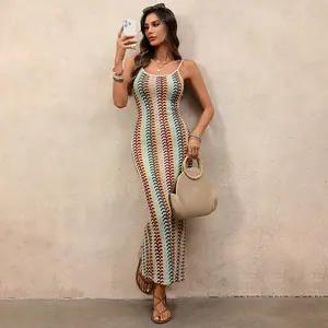 Knit Maxi Dress Spaghetti Strap Bodycon Pattern - Trendy Multicolor Wavy Zigzag Crochet Long Dress with Side Slits, Lightweight Stretchy Flattering Fit Perfect for Beach Vacation Pool Party & Summer Coastal Getaways