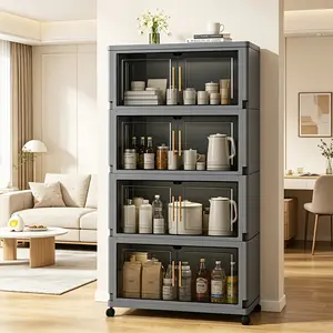 3/4/5-tier large-capacity plastic storage box with lid, foldable organizer and storage cabinet with universal wheels, stackable storage boxes, magnetic door household clothing, snacks, and miscellaneous items storage boxs