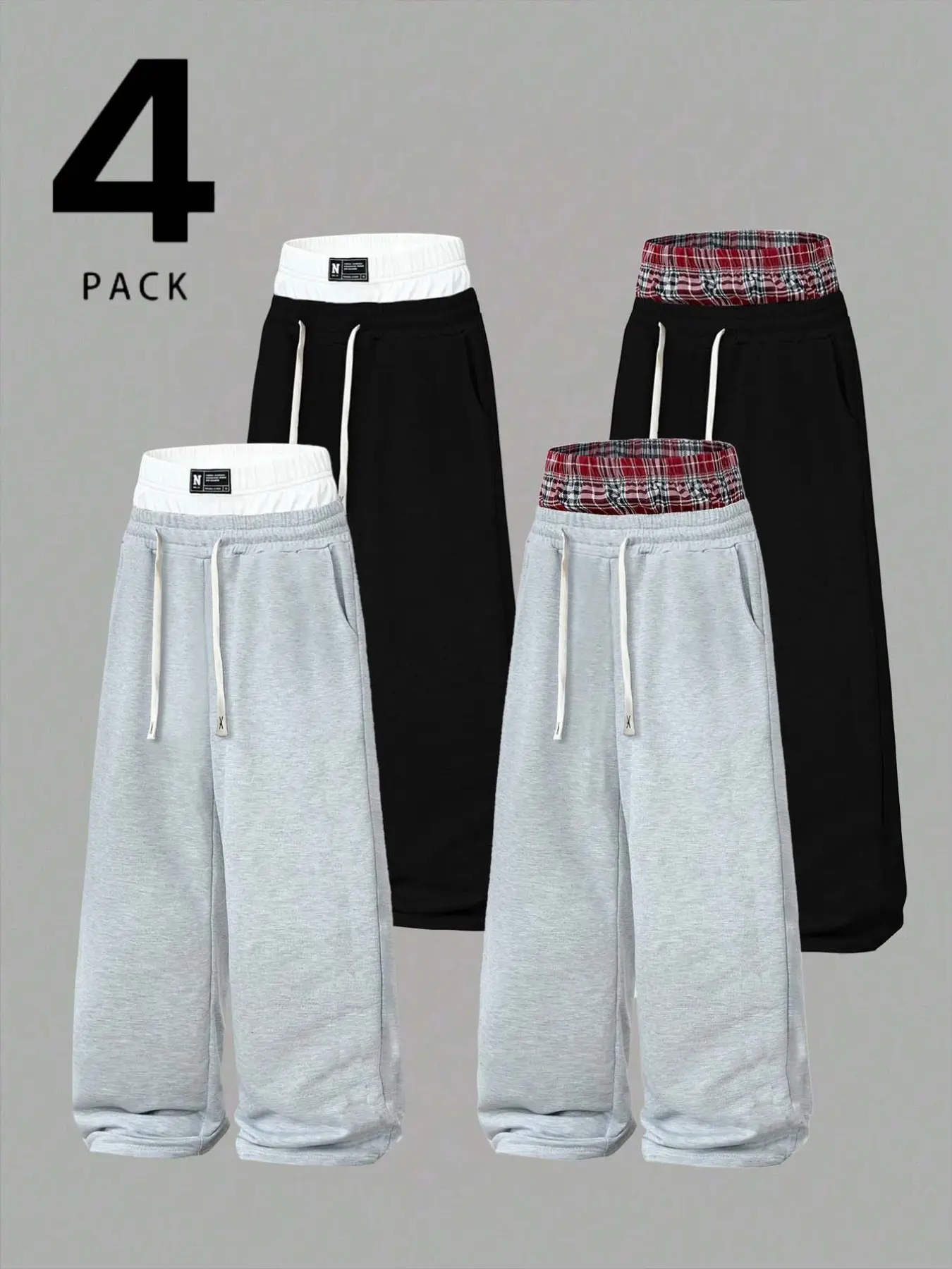 Men's 4 Pack Casual Sweatpants, Black Gray Two Tone Matching, White Plaid Contrast Inner Waistband, Double Drawstring Waist, Loose Wide Leg Cut, Cuffed Hem Street Daily Bottoms