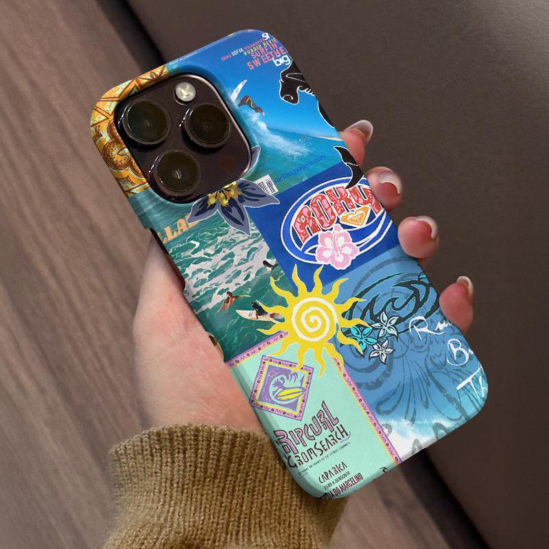 Beach Vibes Phone Case , Y2K Surf Magazine Collage with Bold Colors, Shockproof Rugged Cover Dual Layer Soft TPU Hard Bumper Shell for iPhone 7 8 X XR 11 12 13 14 15 16 17 Pro Max Plus Air