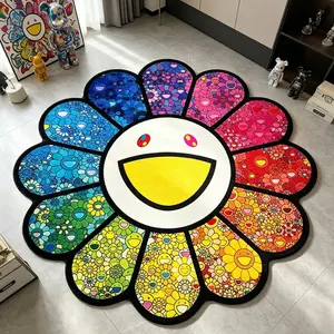 Rainbow Gradient Large Mouth Smile Flower Rug, Sunflower Pattern Mat, Hand Wash Only, Ideal for Living Room, Bedroom, Kitchen, Hallway Decor