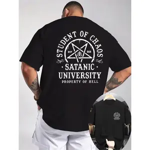180g[100%cotton]Men's Satan University Hell Property 666 Graphic T-Shirt - White Crew Neck Tee with Red Back Print - Lightweight Summer Shirt for Edgy Streetwear & Themed Events - Anti- Casual Top for Dramatic Outfits, Event Apparel, Outdoor Clothing