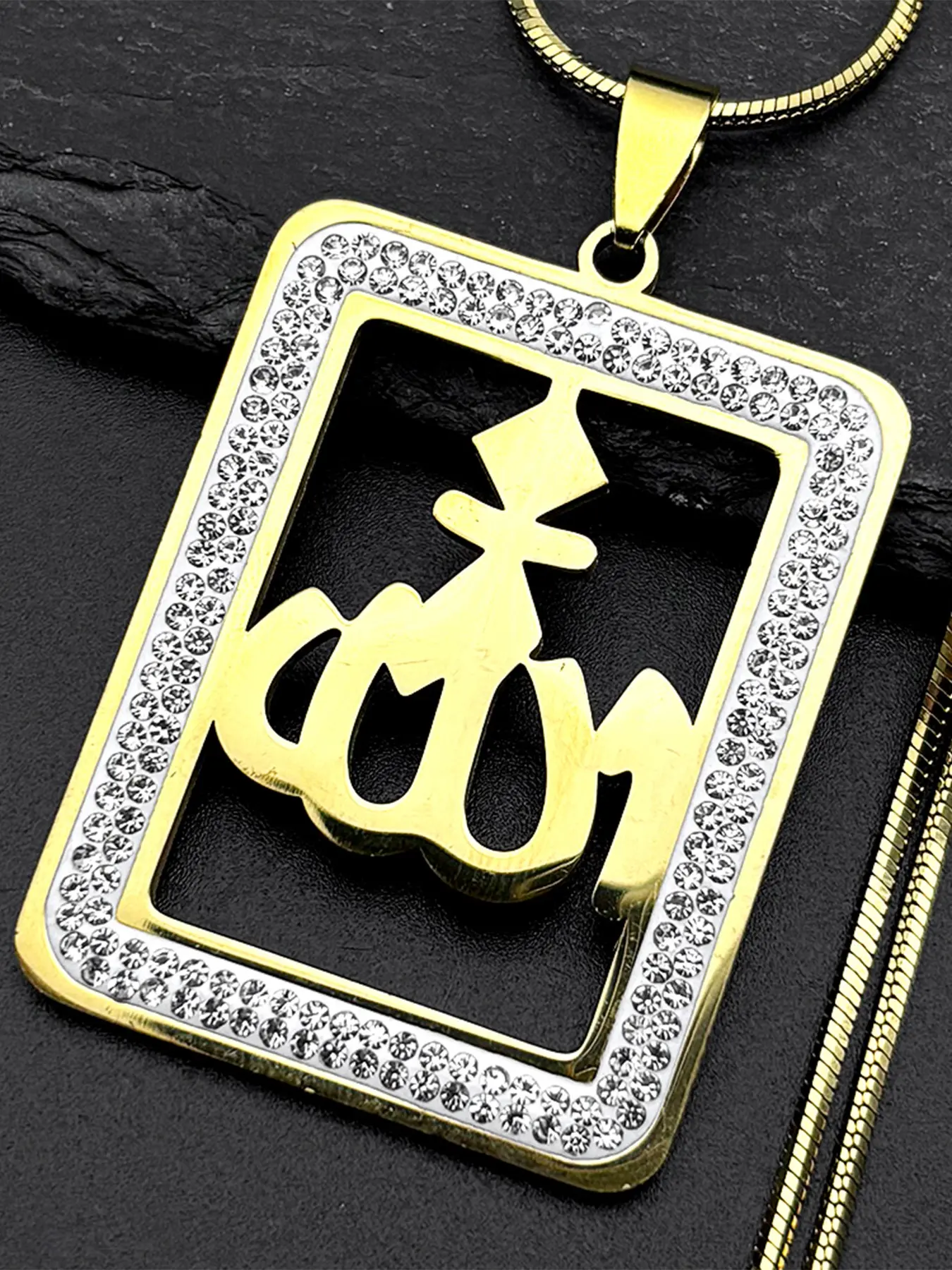 Islamic Arab Allah God Name Pendant Necklace for Men Women Stainless Steel Gold Color Rhinestones Muslim Chain Amulet