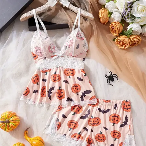 Halloween Theme Women's Pajama Set, Casual Comfortable Tank Top and Elastic Shorts, All Season Ladies Print Sleepwear, Heart Pattern, Birthday Gift #GLOBAL PICKS
