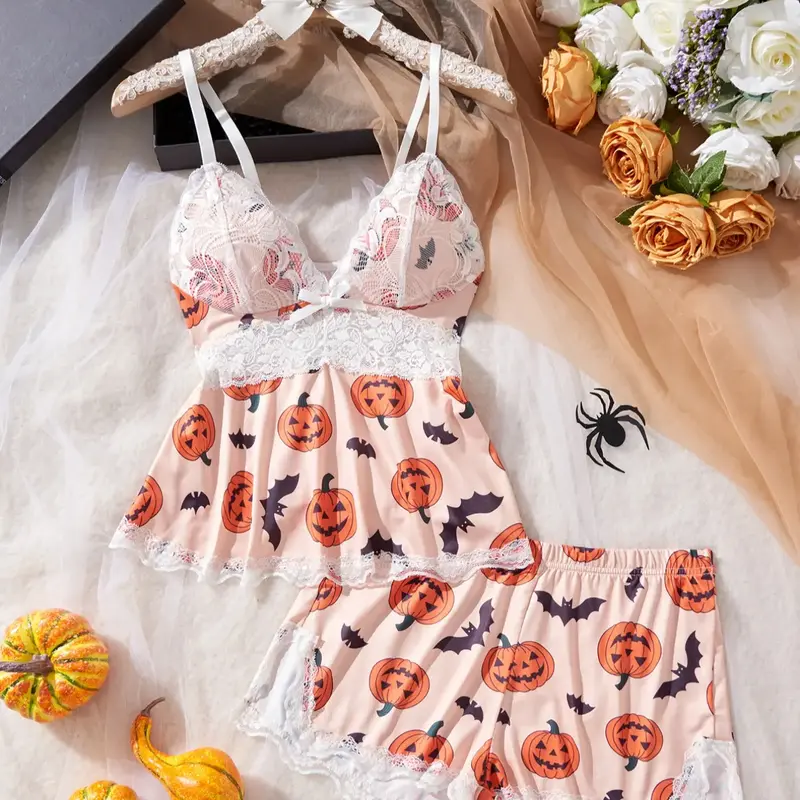 Halloween Theme Women's Pajama Set, Casual Comfortable Tank Top and Elastic Shorts, All Season Ladies Print Sleepwear, Heart Pattern, Birthday Gift #GLOBAL PICKS