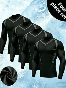 4 Pack Men's Long Sleeve Compression Shirts, Fitness Workout Shirt, Soft Quick Dry Breathable Fabric, Athletic Training Tops for Workout, Gym, Running, Cycling, All Seasons Daily Wear