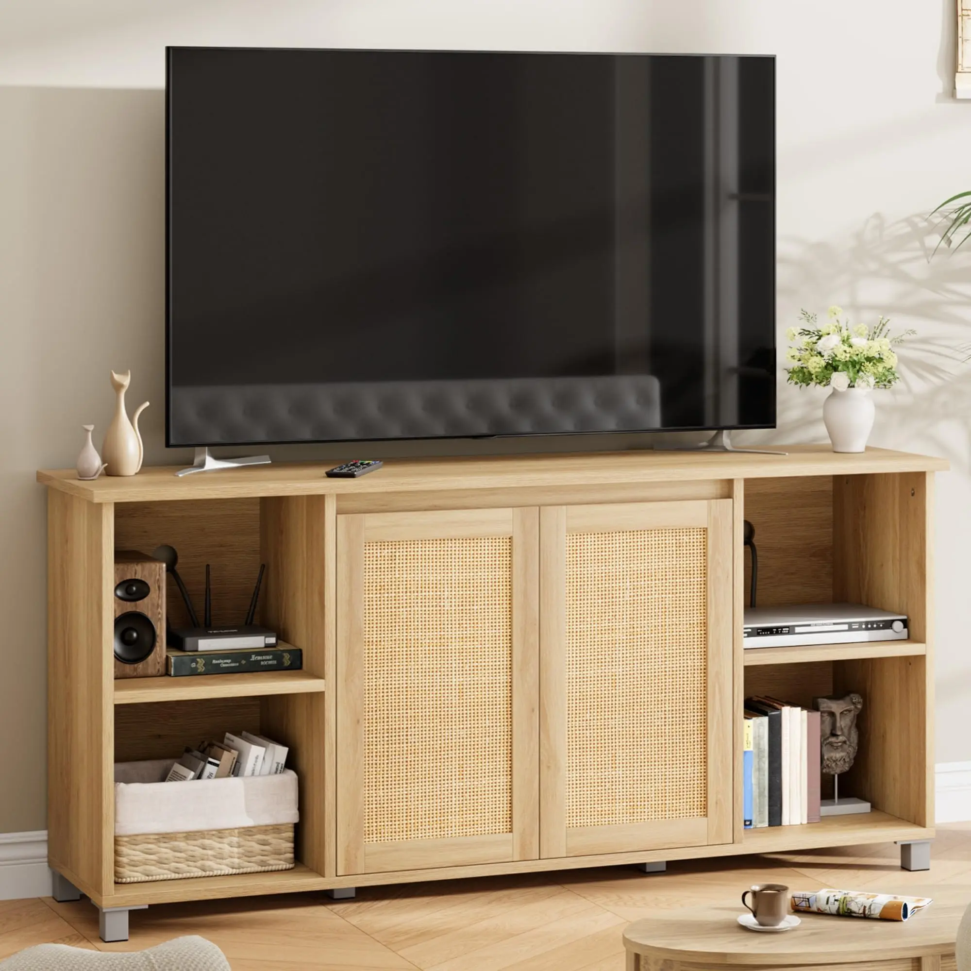 Rattan TV Console, 63 Inch TV Stand with Bookshelf, Farmhouse Entertainment Center with Storage, Wooden TV Cabinet, Rustic TV Cabinet for Living Room, Bedroom, Natural