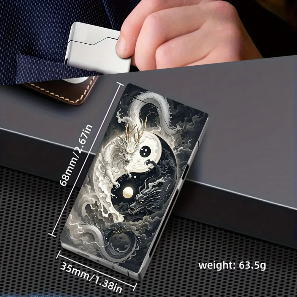 1 Windproof Arc Lighter with a Black And White Dragon Circling a Tai Chi Pattern, Windproof Lighter, Windproof Arc Lighter, Type-C Charging Lighter, Metal Shell, Power Display, Double Arc, Gift Box Packaging, with Power-Off Program