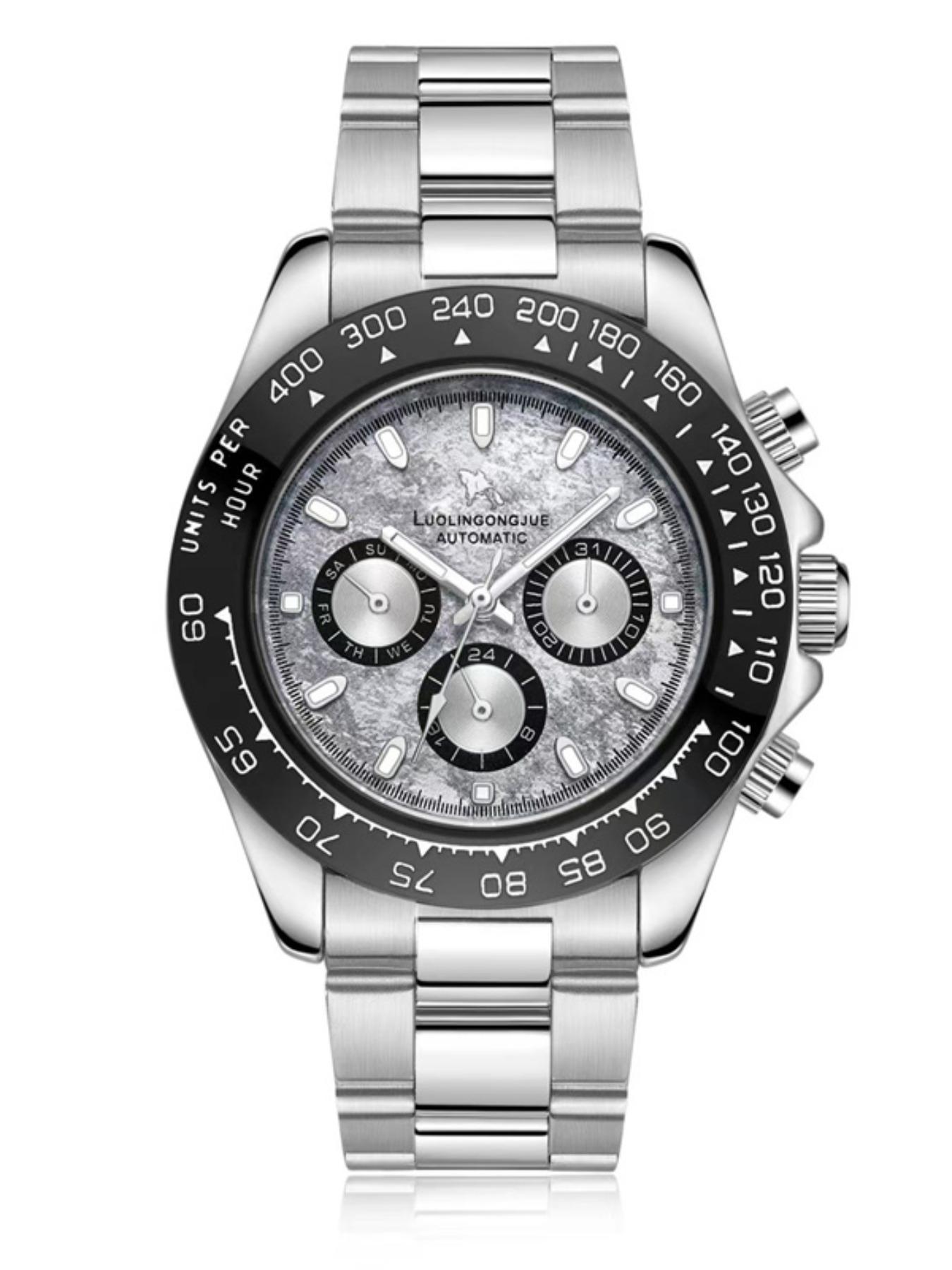 Multi-Function Chronograph Mechanical Watch for Men, Skeleton Stainless Steel Automatic Self-Winding Timepiece with Month, Date, Day, and 24-Hour Display – Luxury Gift for Business & Fashion
