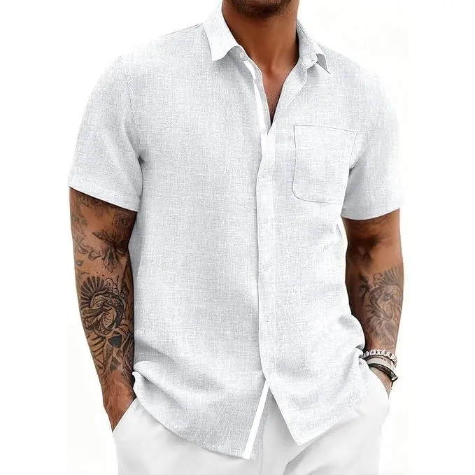 Runcati Mens Linen Shirt Short Sleeve Button Down Shirts| Summer Casual, Hawaiian, Cuban, Guayabera, Mexican, Untucked, Big, Tall, Beach, Vacation Work, Dress, Wedding, Camp Fishing