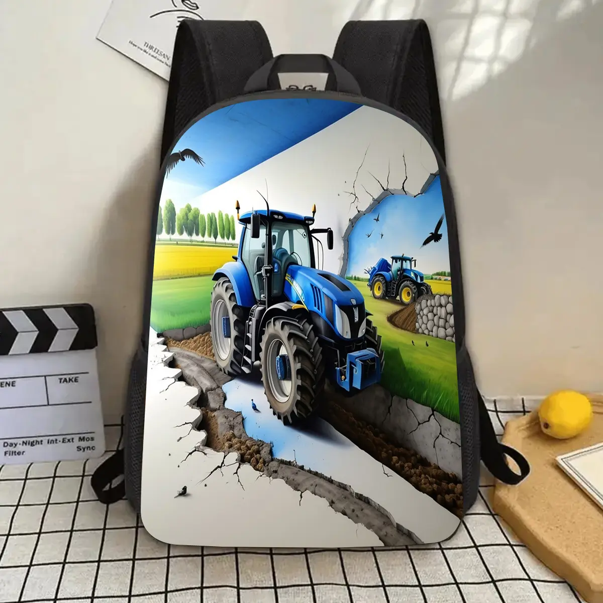 1pc Vibrant 3D Tractor Backpack - Large Capacity 17" Casual Shoulder Bag with Water Bottle Holder, Adjustable Straps, Durable Polyester, Colorful Cartoon Design for School, Work, Travel, Picnic - Unique Gift for Men, Women, Family & Friends (Mother'S Day,