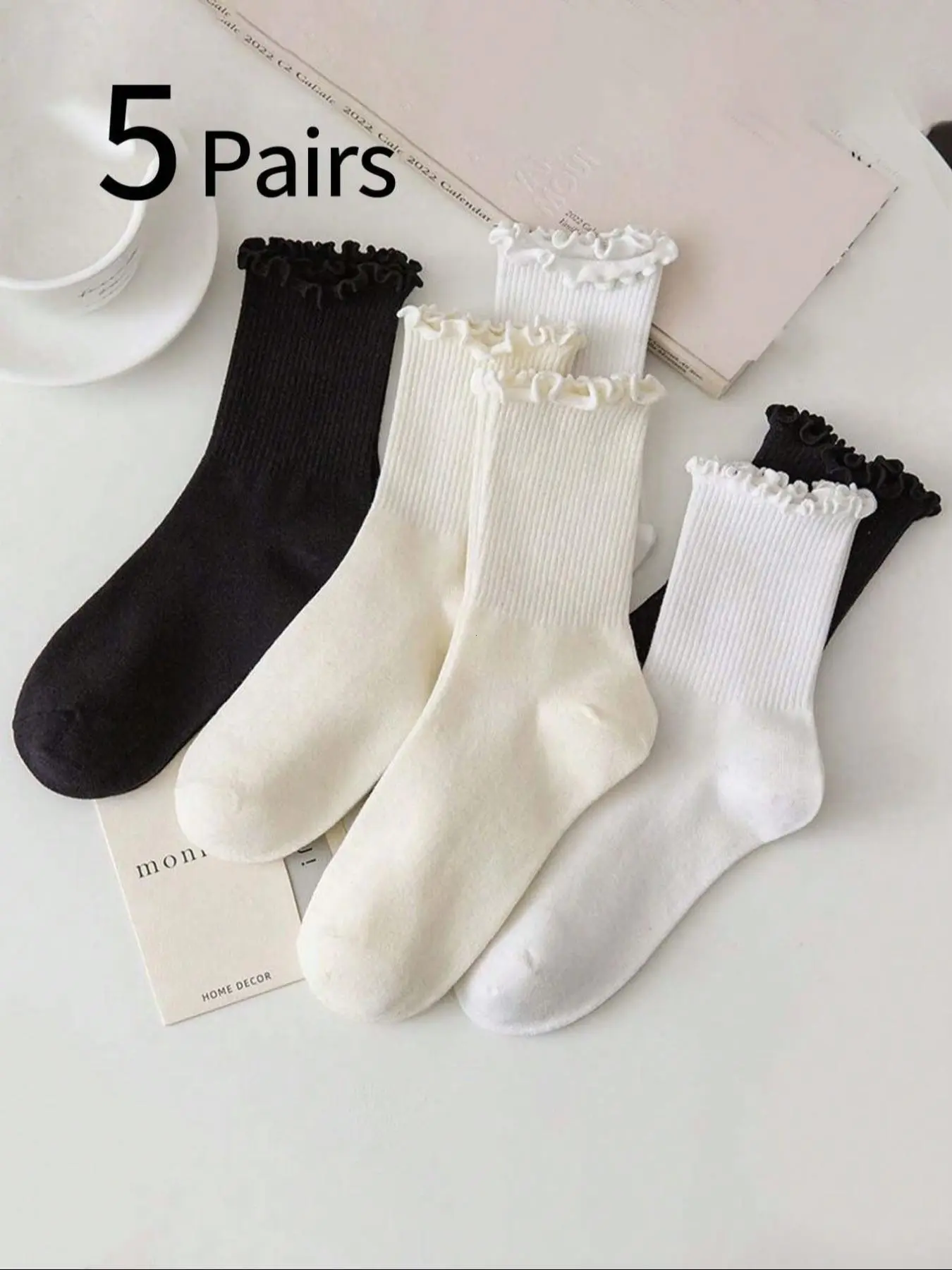 Youth Pure Color Casual Ear Mushroom Trim Socks, Women's Fall Winter New Mid-Calf Socks, Stackable Socks, Pair with Small Leather Shoes