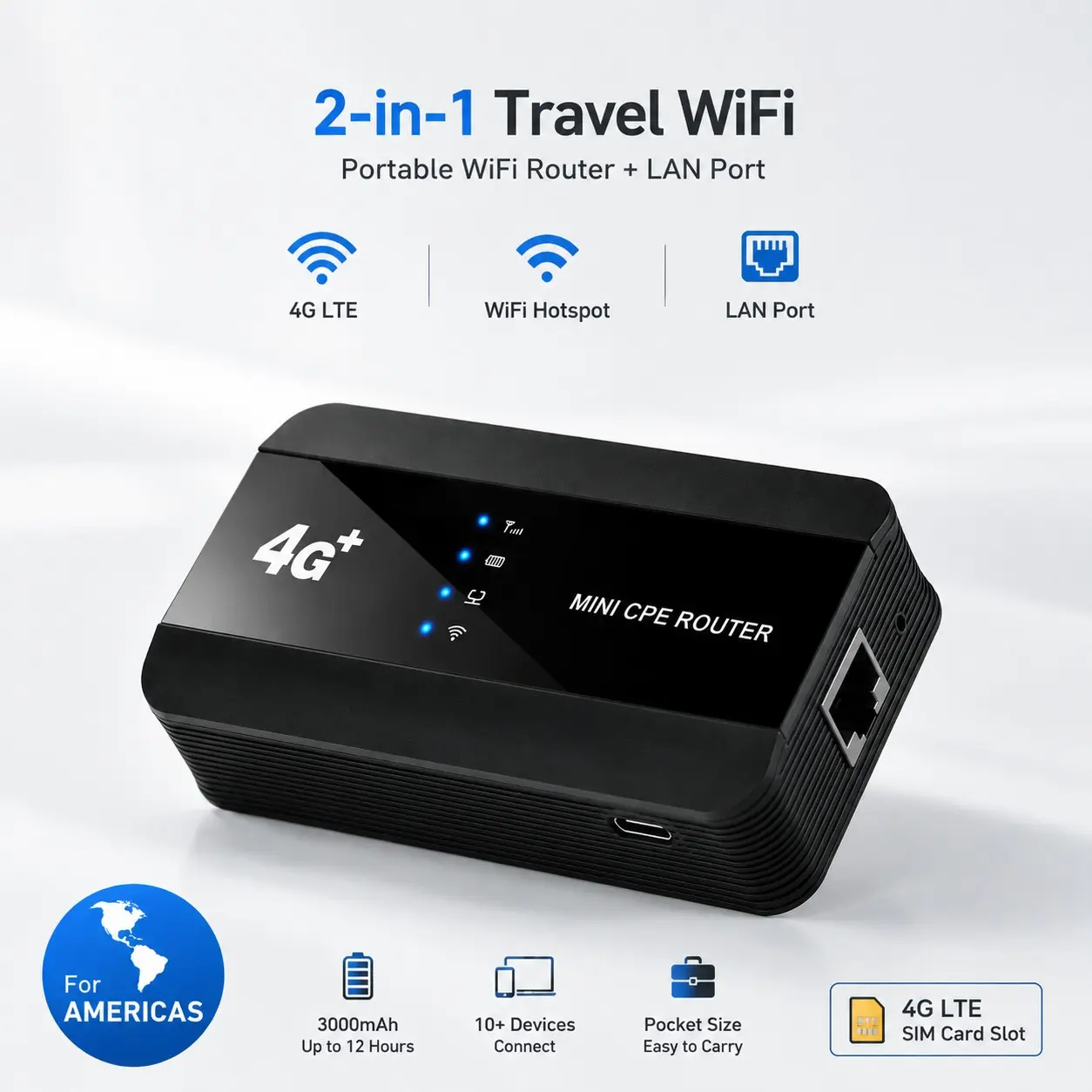 4G LTE WiFi Router with SIM Card Slot and Ethernet Port, Portable Mobile Hotspot with 3000mAh Rechargeable Battery, 2-in-1 Wireless & Wired Router for Travel, Home, Office and RV