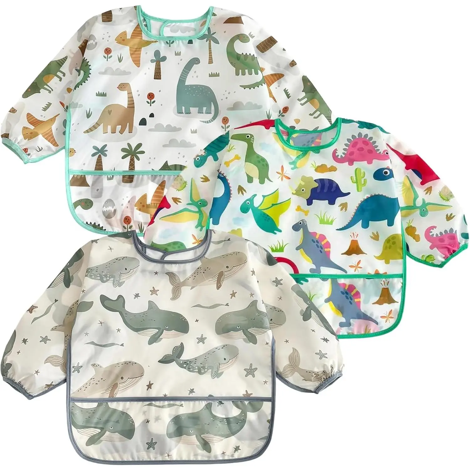 Waterproof Long Sleeve Bibs 3-Pack for Toddlers, Multi-Function Animal Print Smock with Pocket for Eating & Arts, Fits 6-36 Months, Dinosaurs, Wipe, Lightweight, Elastic, 360 Degree, Animals, 0 - 2 Years, All Seasons