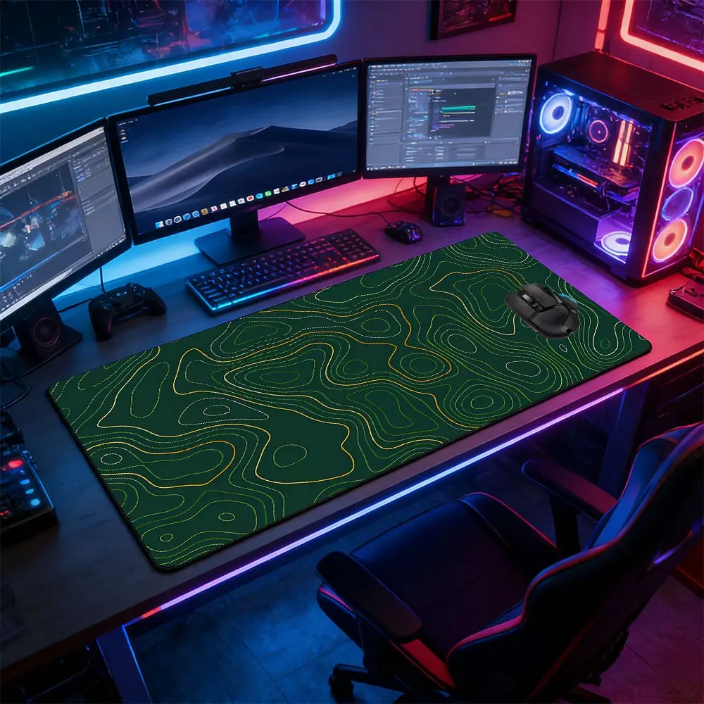 1 Piece Green Topographic Map Large Gaming Mouse Pad,Tech Minimal Style Non-Slip Rubber Base Stitched Lock Edge Desk Mat, Durable Computer Accessory for Home Office & Gaming Setup, Ideal Gift for Friends Colleagues