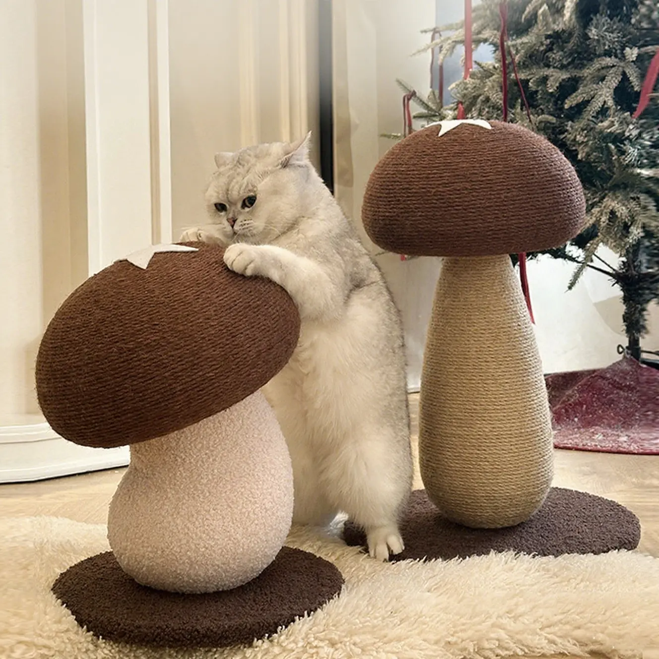 🐾 Cute Mushroom Cat Scratching Post | Ideal Christmas/Halloween Gift | Durable Sisal Rope Cat Scratcher, Plush Base with White Spots ✨ Includes Hanging Toy Ball - Perfect for Indoor Cats 🐱 TikTok Shop US Hot Sale, 2-in-1 Cat Scratcher & Toy, Sofa Protec