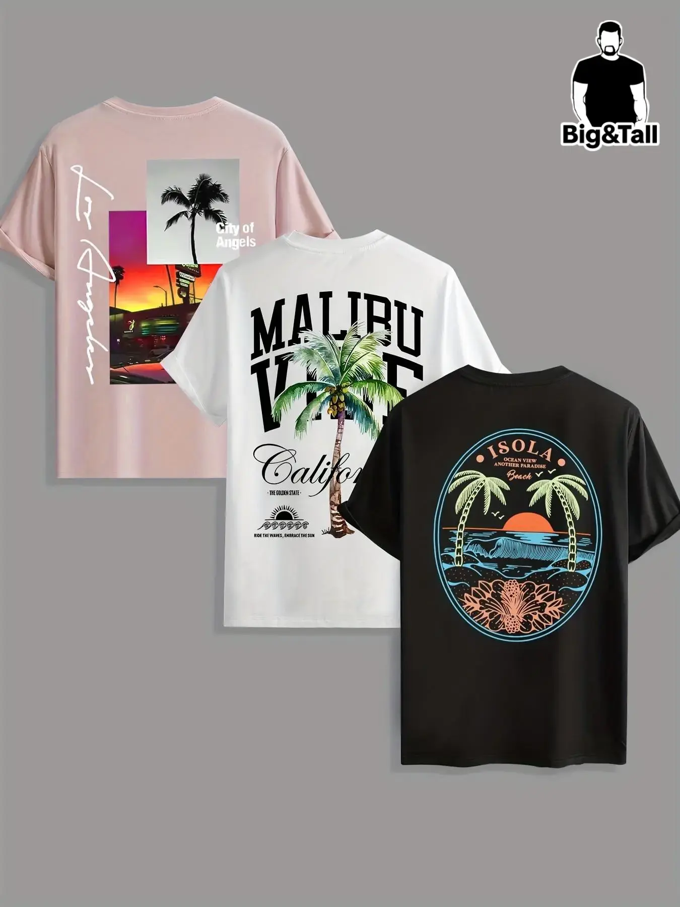 3-Pack Plus Size Men's California Beach Tropical Print T-Shirt Set, Round Neck, Summer Street Style Streetwear, Casual Graphic Top, Three Colors, Los Angeles/malibu Palm Tree Print, Casual Vacation Top