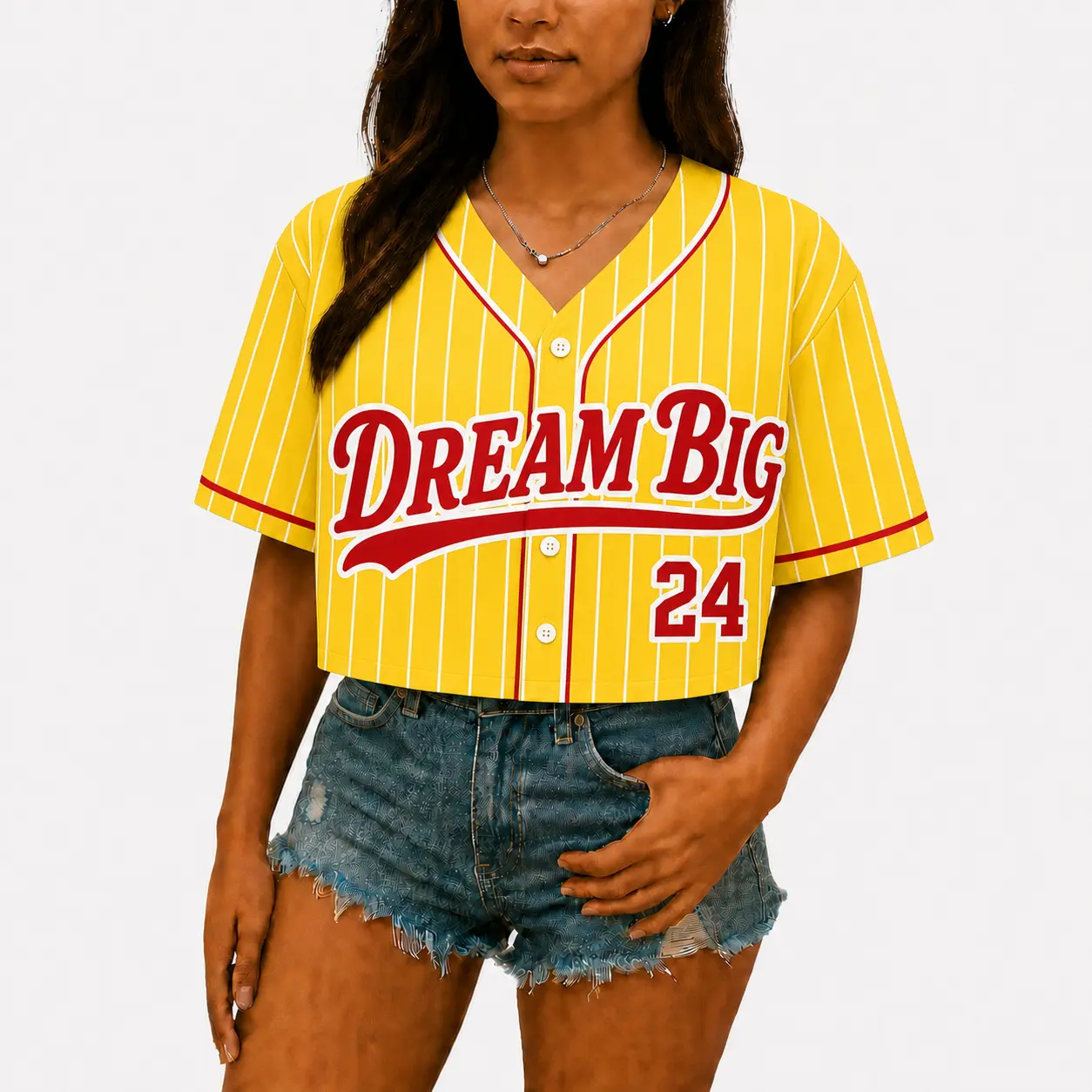 Women's Red Pinstripe Baseball Jersey Crop Top, Lightweight Breathable Button Down Short Sleeve Shirt with Play Hard 08 Graphic, Sporty Varsity Streetwear for Game Day, Summer Outfits, Concerts, Parties, Casual Wear, Team Events and Y2K Fashion Trend