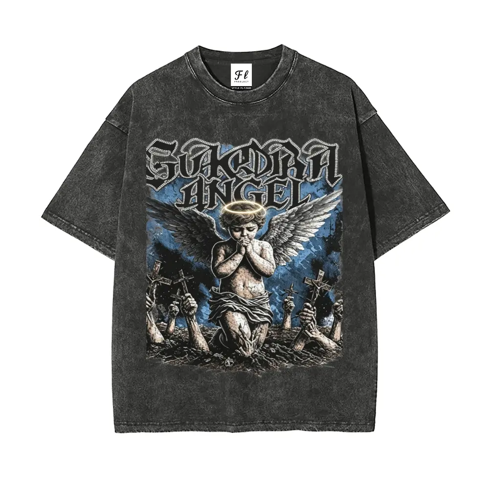 Sacred Angel Praying Cherub Cross Vintage Acid Washed Graphic Tees Men's T Shirts 100% Cotton Crewneck Short Sleeve Humor Funny Cotton Graphic Tees Grunge Dark Punk Streetwear Gift For Alternative Faith Fans
