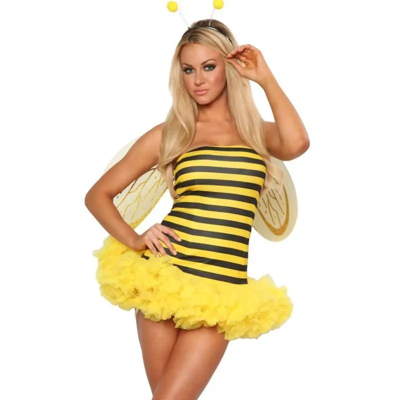 Imcute Halloween Bee Costume for Women Cute Striped Tube Top Dress with Wings Outfits Bumble Bee Themed Party Fancy Dress