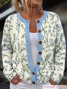 Women's Four-Season Casual Button-Up Knit Cardigan, Printed Pattern, Ribbed Round Neck, Long Sleeves, Wooden Buttons, Relaxed Fit