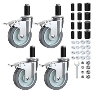 Caster Wheels Locking 5 Inch Expanding Stem Casters, Threaded Swivel Casters Set of 4 Heavy Duty Castors, Fit 1", 1-1/4", 1-2/5",1-1/2", 1-5/8" ID Stainless Steel Table, Cart, Furniture