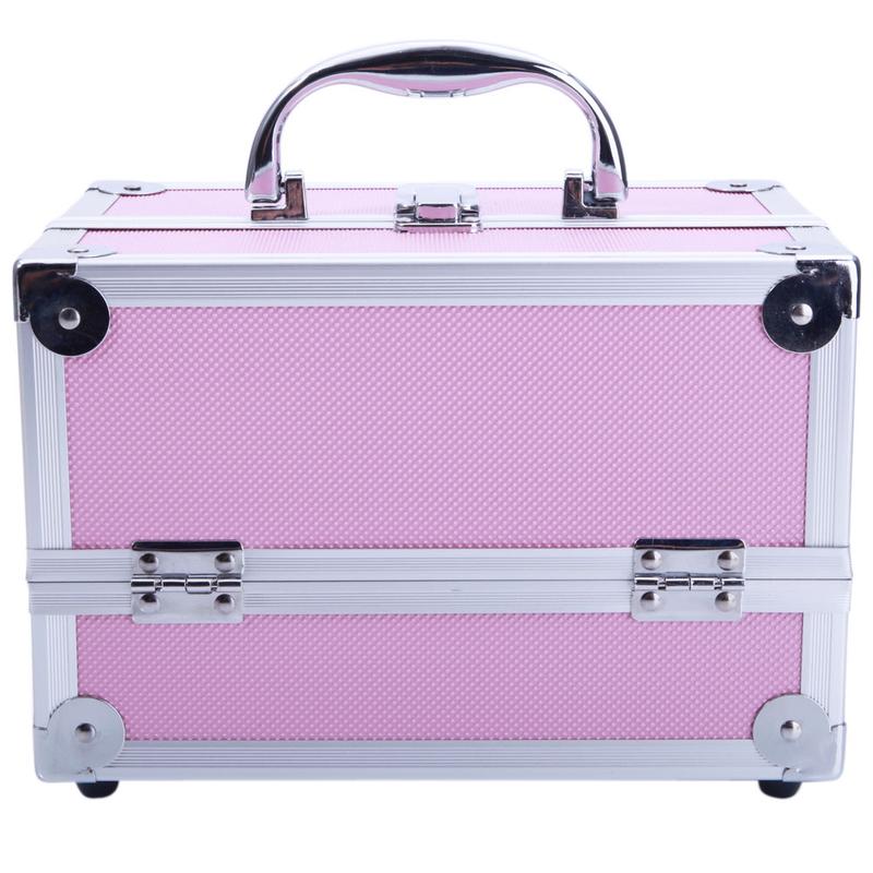 SM-2176 Aluminum Makeup Train Case Jewelry Box Cosmetic Organizer with Mirror 9"x6"x6" Pink