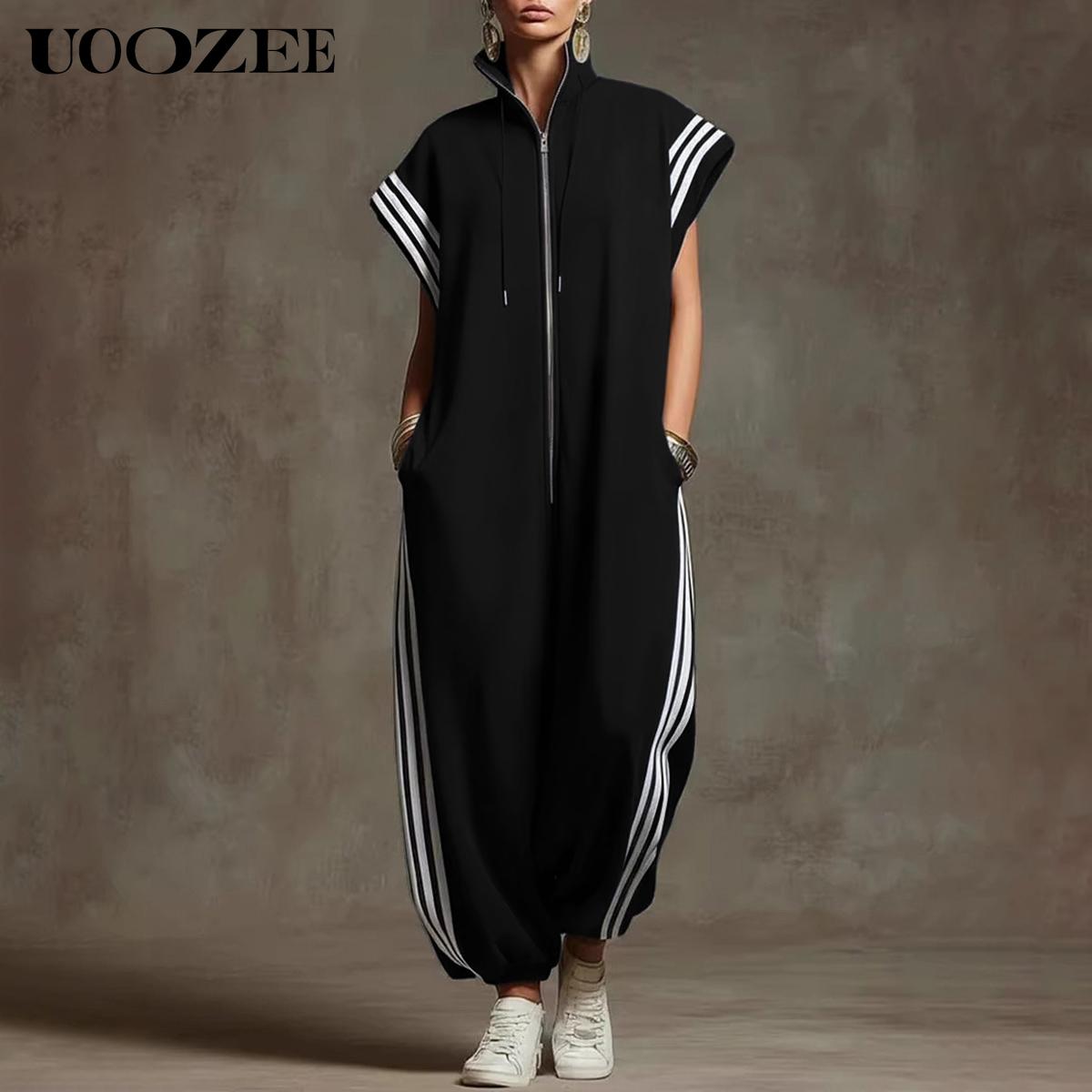 UOOZEE Women's New Summer Casual Side Stripe 100% Polyester Plus Size Contrast Color Pockets Jumpsuits, Loose Short Sleeves Zipper Stand Collar Ninth Pants One-Piece, Loungewear Streetwear Athletic Jumpsuit for Spring Summer Fall Womenswear
