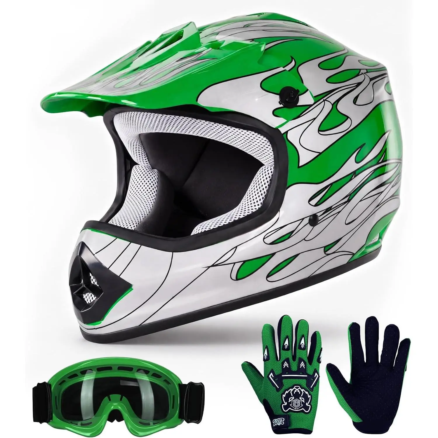 Green Flame DOT Kids Youth Motocross Helmets ATV Off-Road Dirt Bike Motorcycle Full Face Helmet+Gloves+Goggles Small