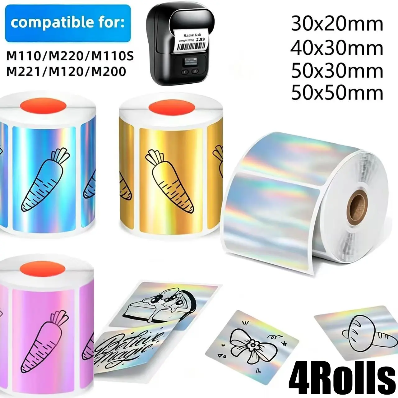 4 Rolls Thermal Printer Laser Labels, Gold//silver/blue Holographic Stickers, 40x30mm/50x30mm/50x50mm/30x20mm, Compatible with Sk20