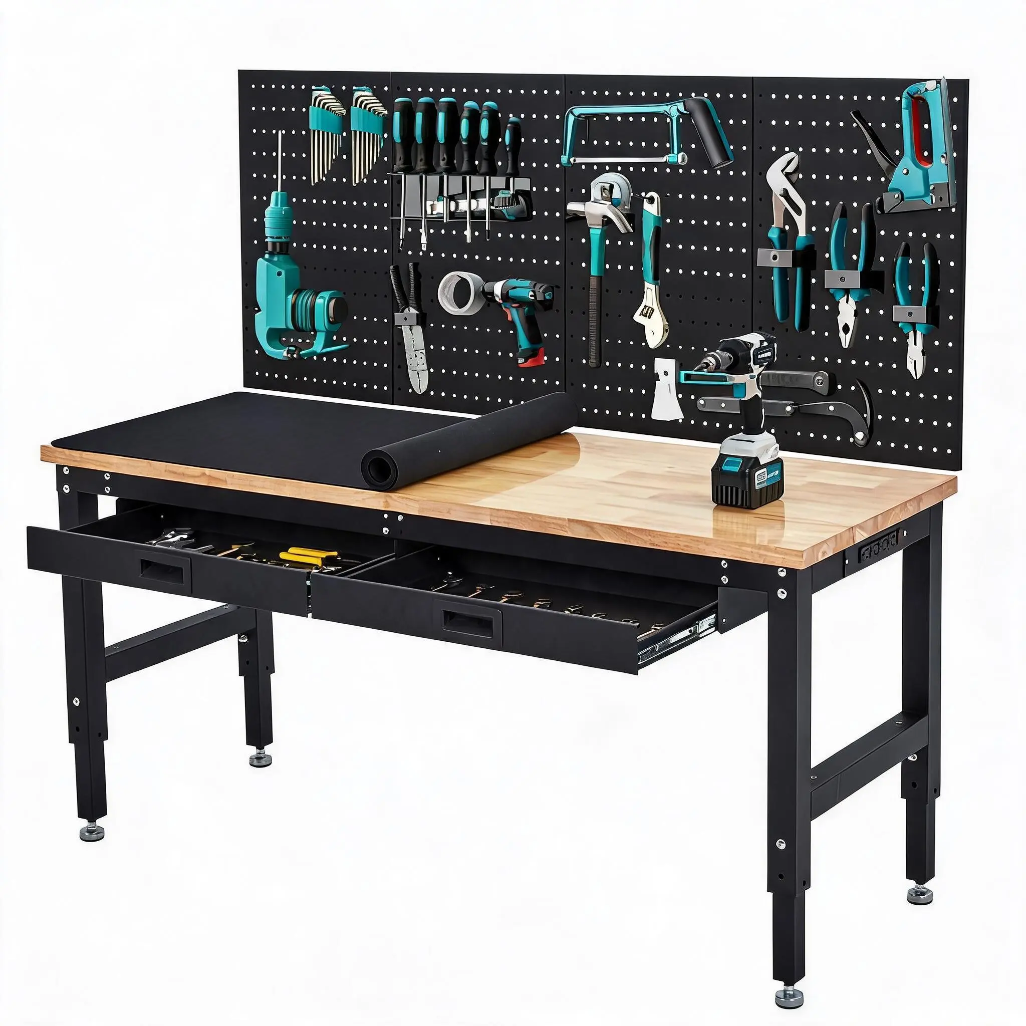 Heavy Duty 60 Inch Adjustable Workbench with Drawers, Pegboard & Power Outlets – 3000LBS Rubber Wood Table for Garage, Workshop, Home Office – Sturdy Storage Solution