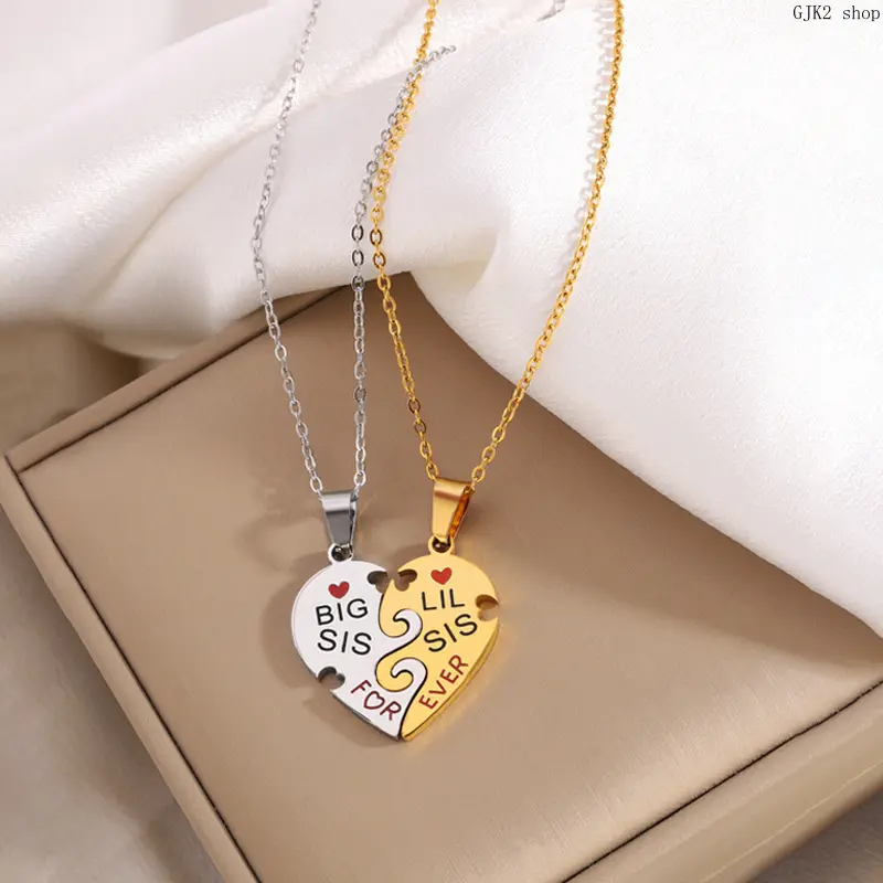 2Pcs Big Sis & Lil Sis Heart Puzzle Matching Necklace Set, Engraved Split‑Heart Pendant Neck Jewelry, Friendship Gift for Sisters