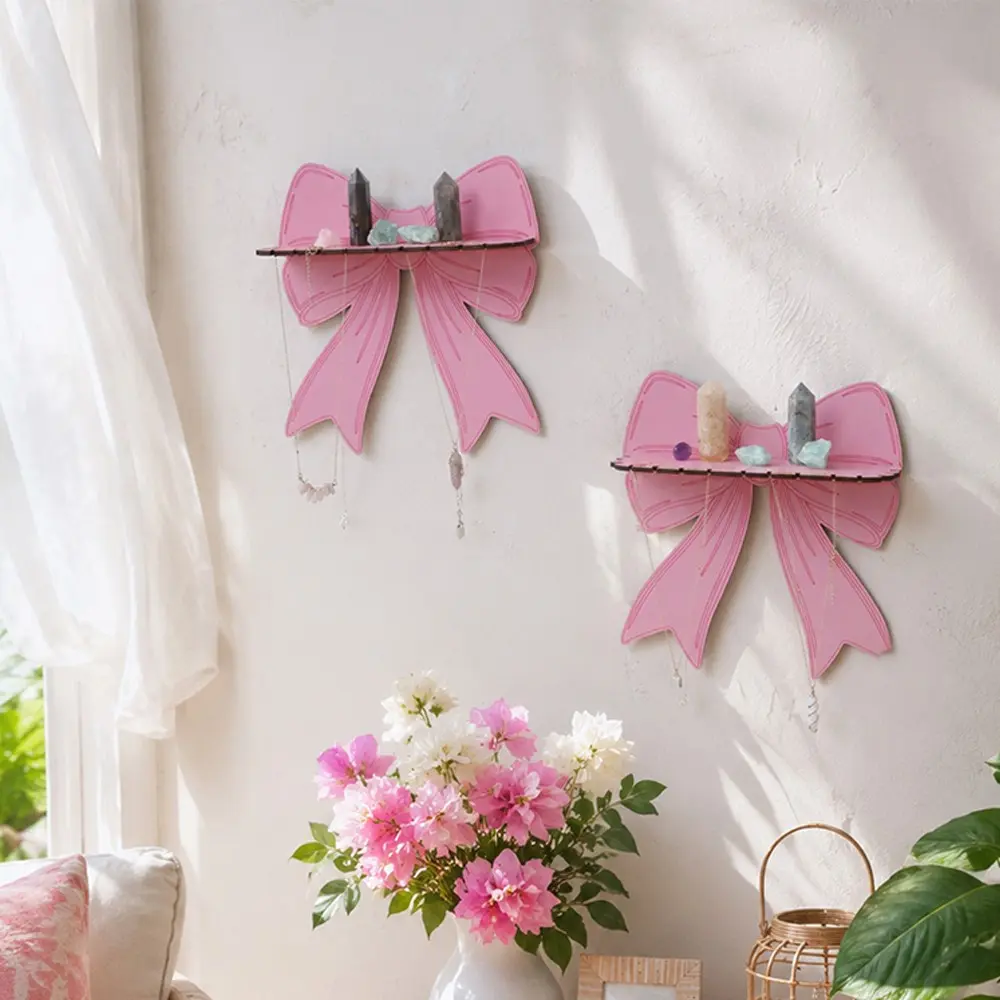 2pcs Wall Decor Hooks, Wall Mount Hook, Decorative Bow Shelf, Cute Girl Academy Style, Wooden Hanging Rack, Crystal Wall Shelf, Simple Home Bedroom Decoration