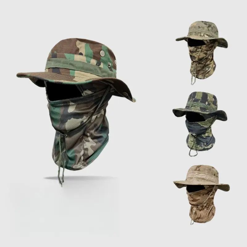 Camouflage Fisherman Hat with Mask,  Outdoor Bucket Hat Set, Boonie Hat, Detachable Neck Flap & Face Cover for Sun Protection, Breathable Mesh Vents for Hiking, Camping, Fishing, and Tactical Outdoor Activities