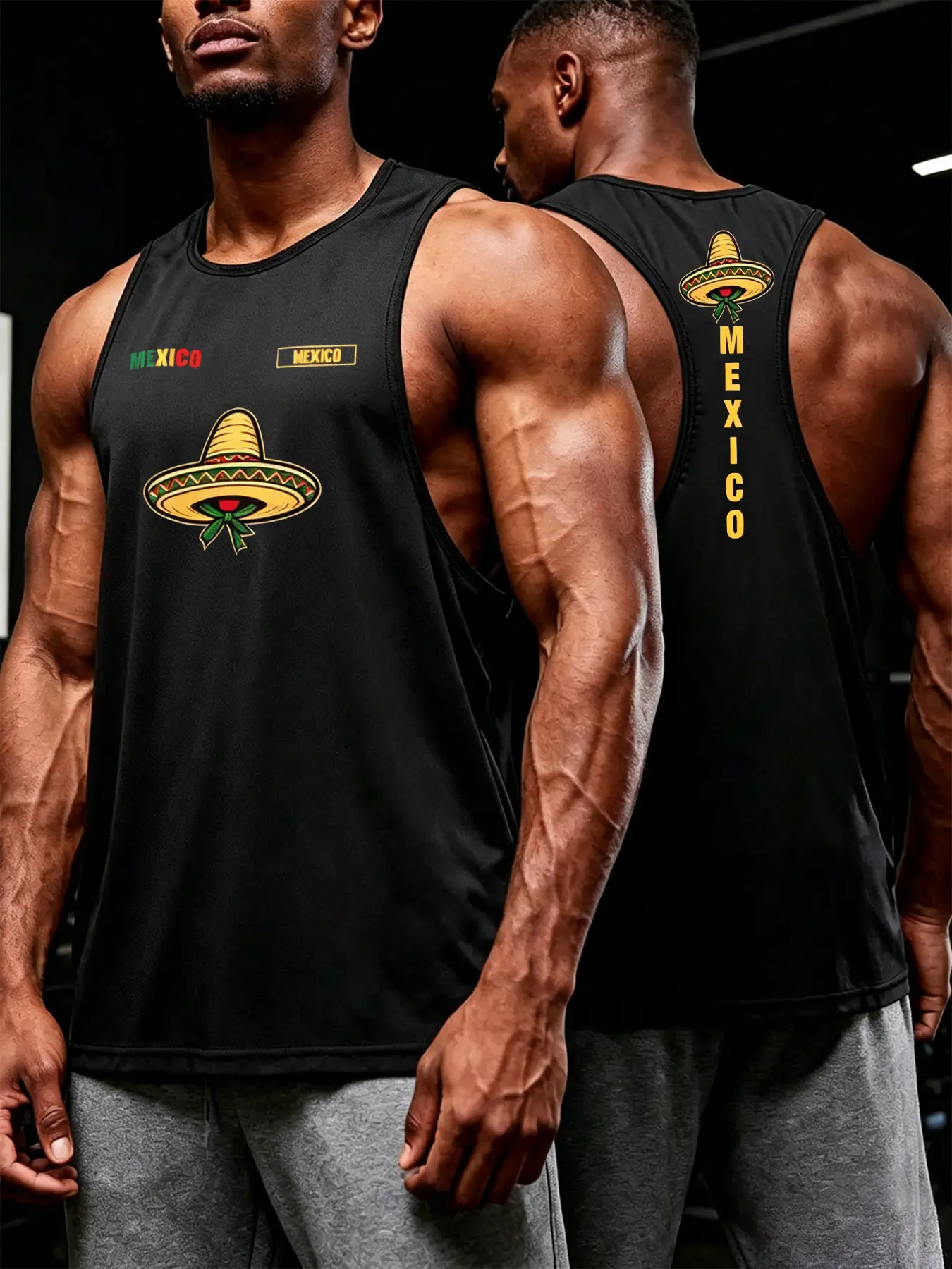 American Vintage Mexican Hat Print Sporty Vest, Breathable Quick-Dry Muscle-Defining Men's Gym Top, Trendy Sleeveless Shirt, Muscle Singlet