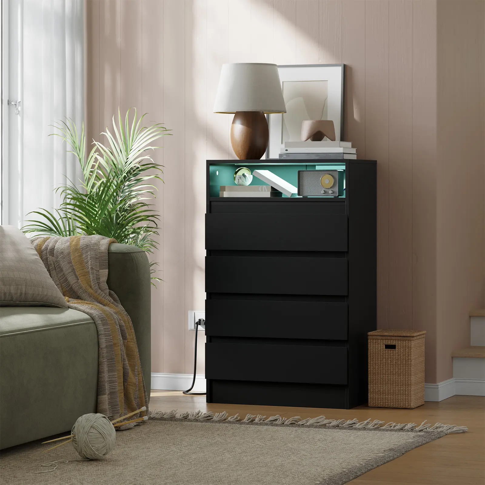 Black 4-Drawer Dresser with LED Lights, USB Ports and Power Outlet, Slanted Edge, Modern Storage Cabinet