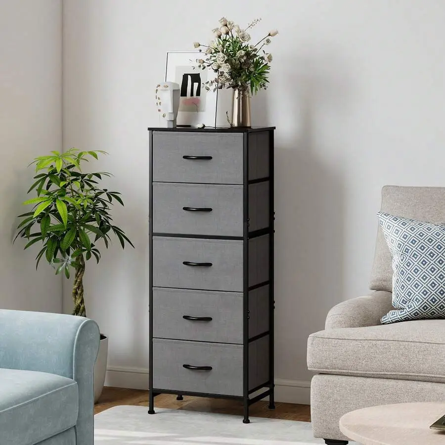 5-Drawer Wood Top Steel & Wood Vertical Stack Drawer Chest - Sturdy Steel Frame, Space-Saving Storage Dresser with Bins (Assembly Required) for Bedroom, Closet