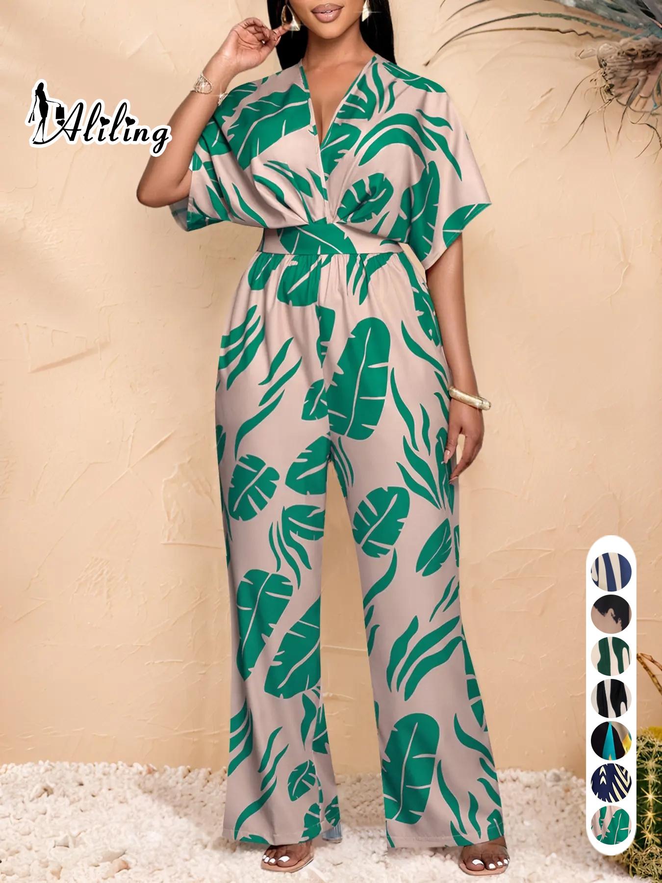 Women's Elegant Loose-Fit V Neck Short Sleeve Romper, Woven Fabric Wide Leg Pants, All Season Fashionable One-Piece Womenswear