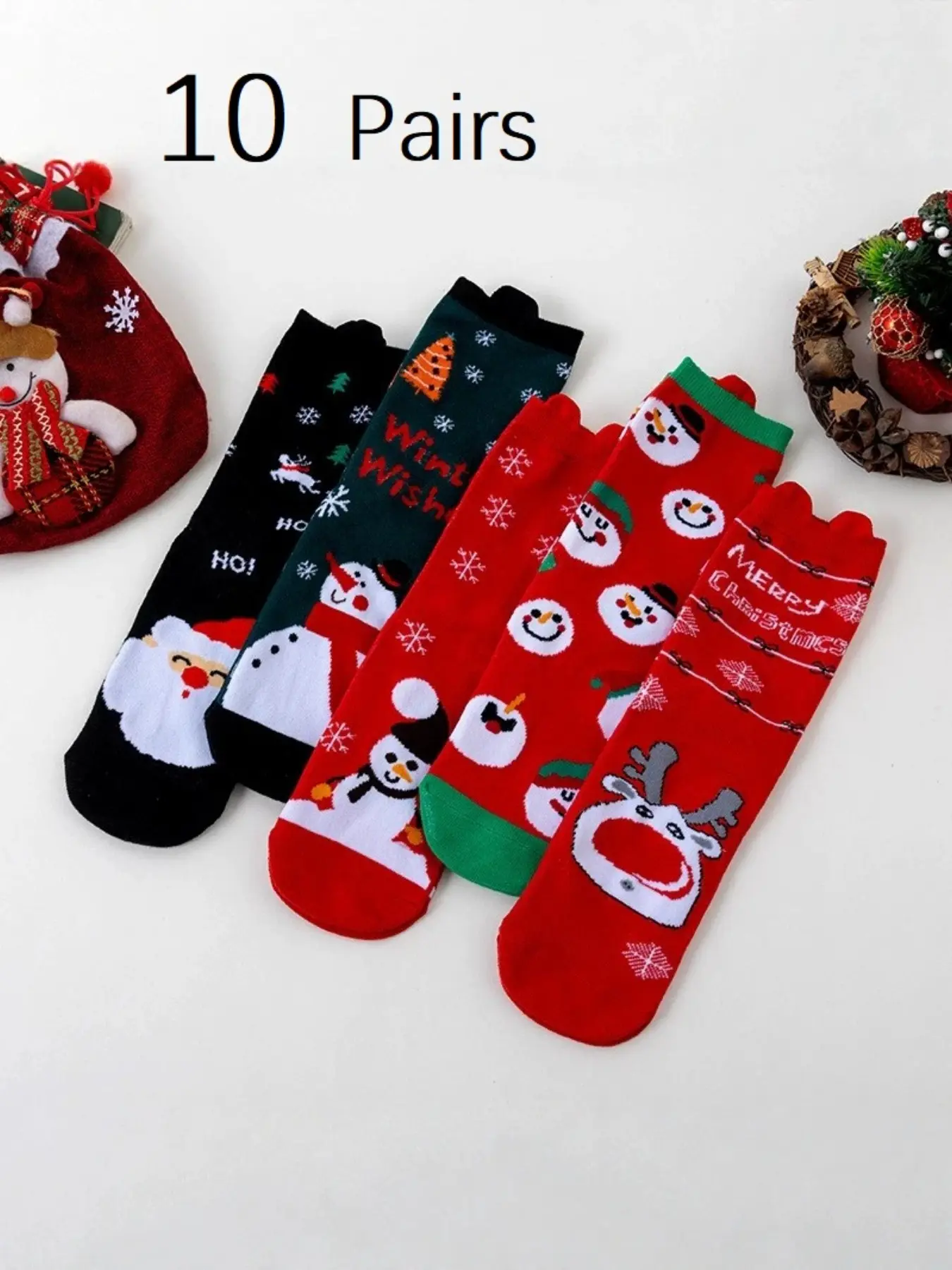 10 Pairs Women's Mid-Calf Christmas Socks, Cartoon Santa Claus Snowman Reindeer, Fall Winter, Large Size