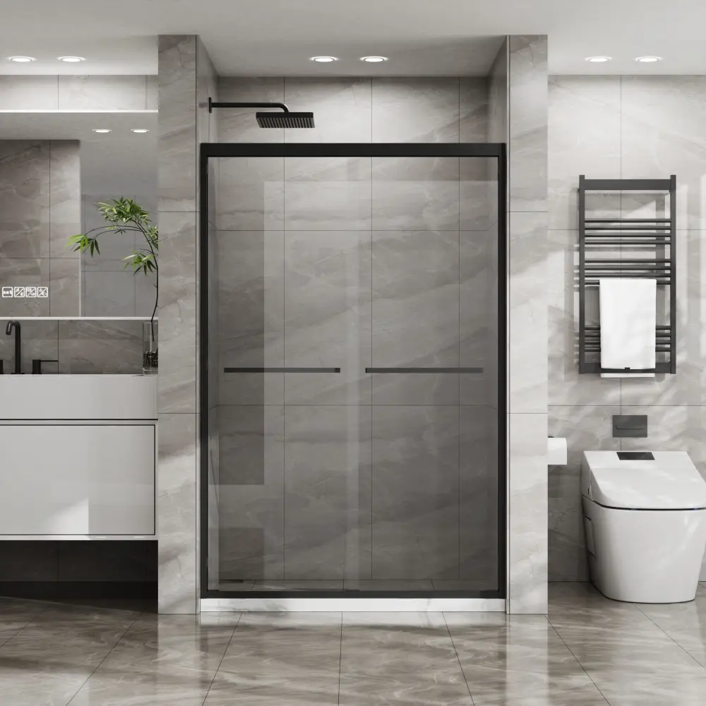 44-48"W x 72"H Double Sliding Shower Door, 1/4" Tempered Glass, Aluminum Frame, Matte Black