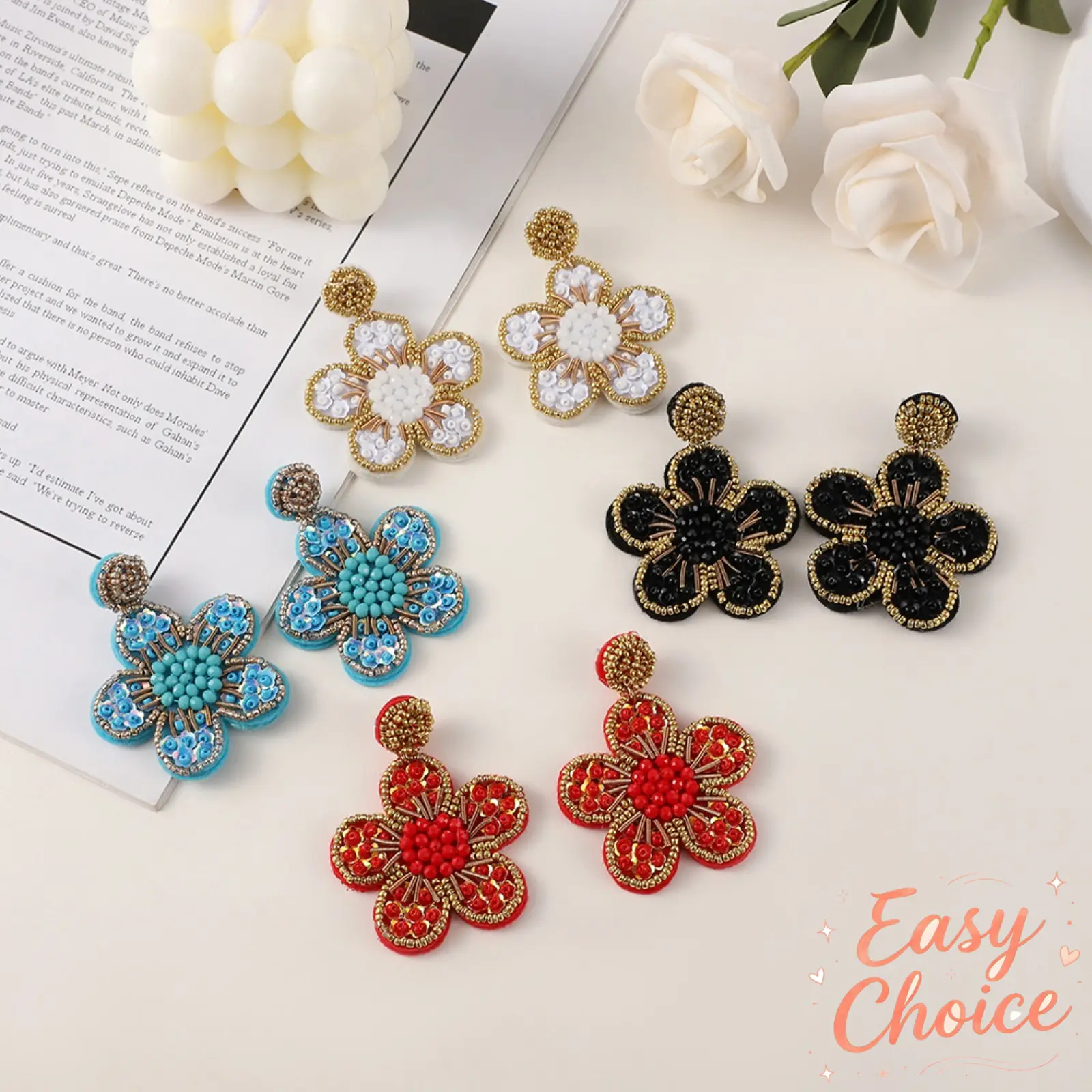 Sweet Hand‑Sewn Beaded Flower Drop Earrings for Women, Bohemian Fabric Bead Dangle Ear Ornaments, Delicate Rice‑Bead Crafted Earrings, Trendy Cross‑Border Jewelry for Daily Wear and Festival Occasions